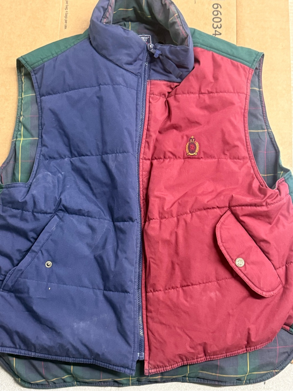 Bugle Boy Reversible Plaid Green Burgundy Jacket Puffer Vest Men’s L Preppy